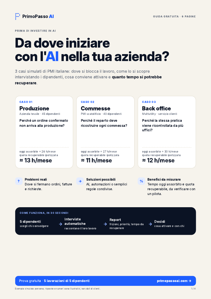 Copertina del PDF PrimoPasso AI: 3 casi studio per capire da dove partire